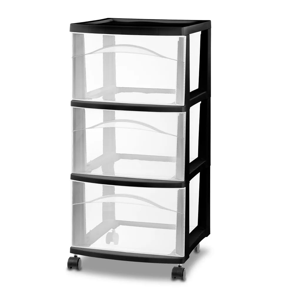 3 Tier Medium Storage Stroller, Black Frame with Clear Drawer L632