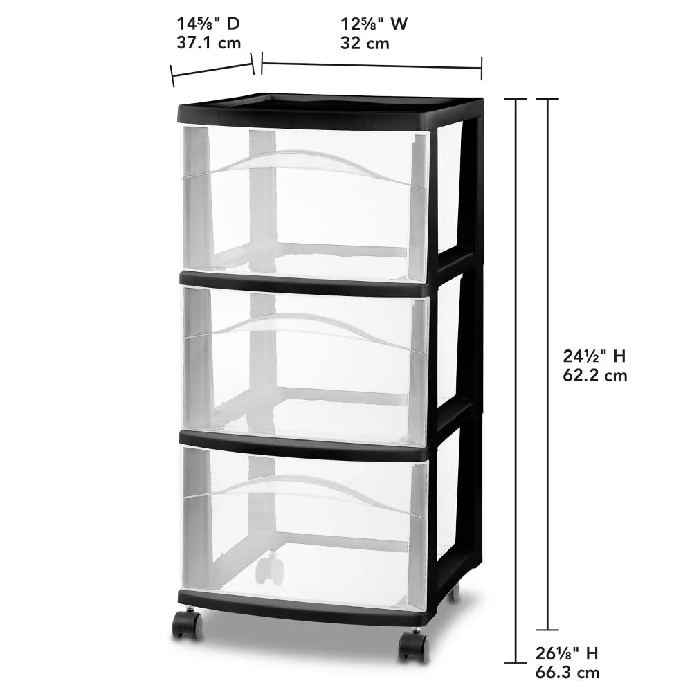 3 Tier Medium Storage Stroller, Black Frame with Clear Drawer L632
