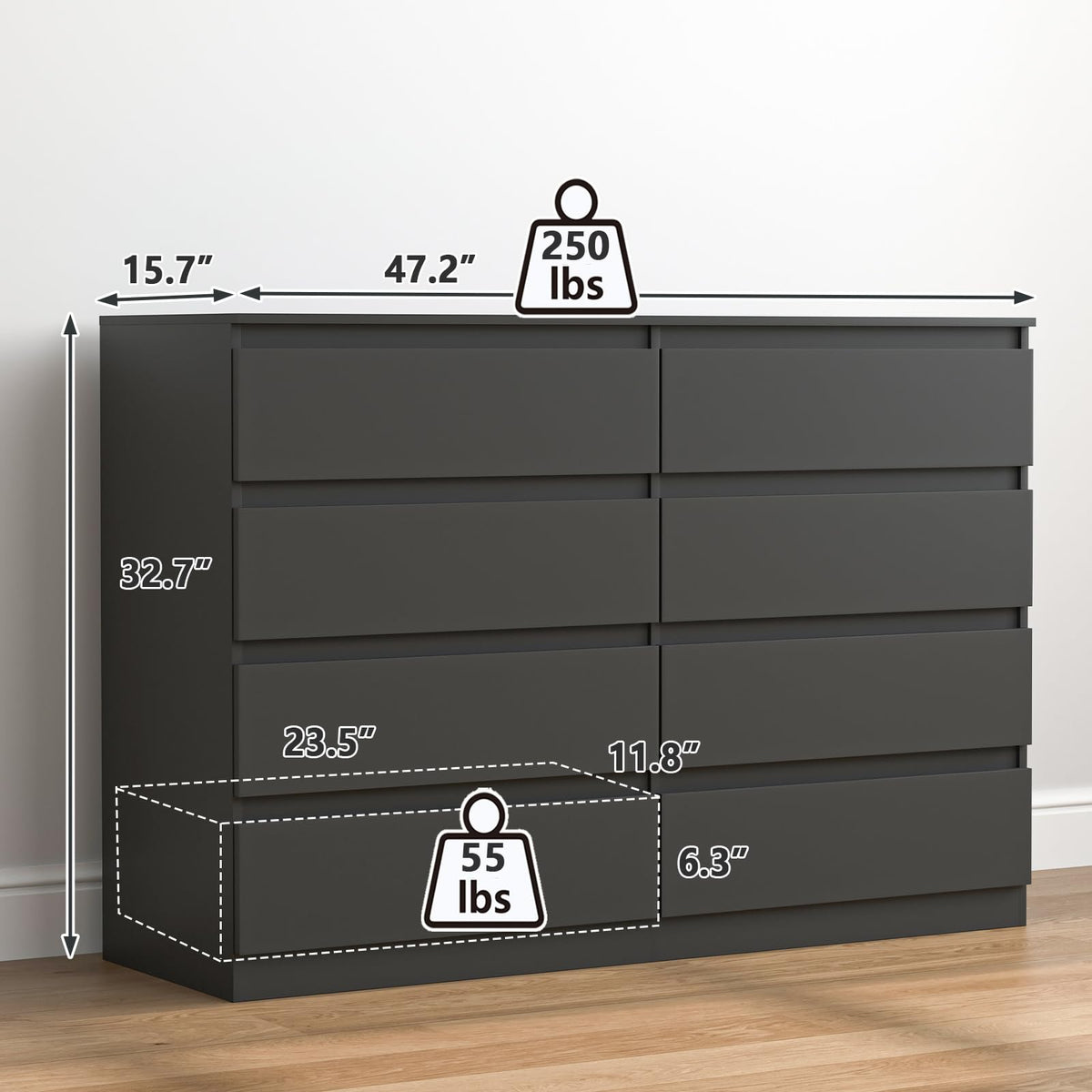 Black 8 Drawer Double Dresser T716034