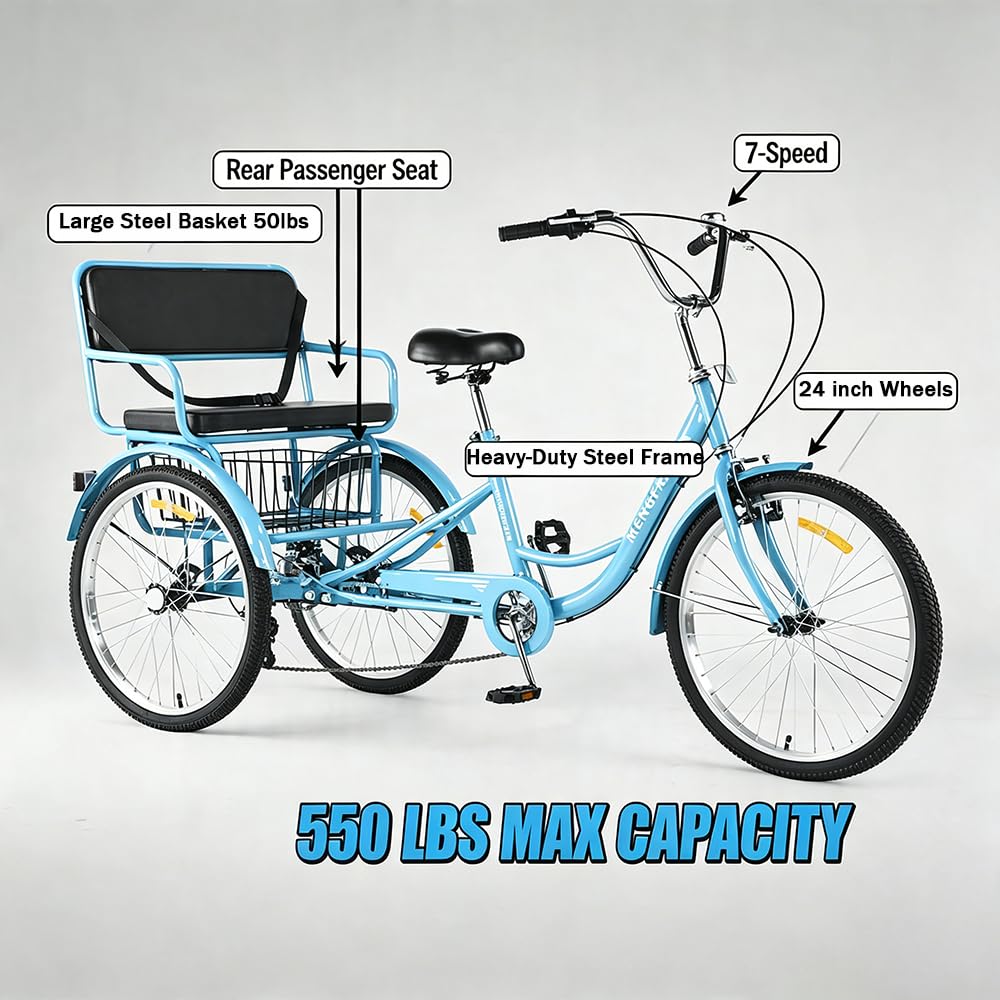 24" 7-Speed Heavy-Duty Steel Adult Tricycle with Rear Seat & Basket J546527