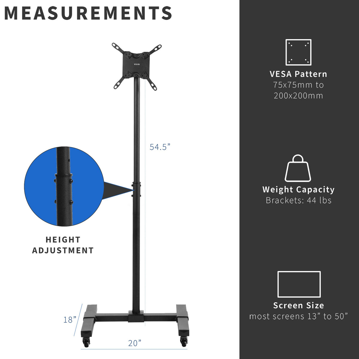 Black Rolling TV Cart for 13 to 50 inch Screens L896