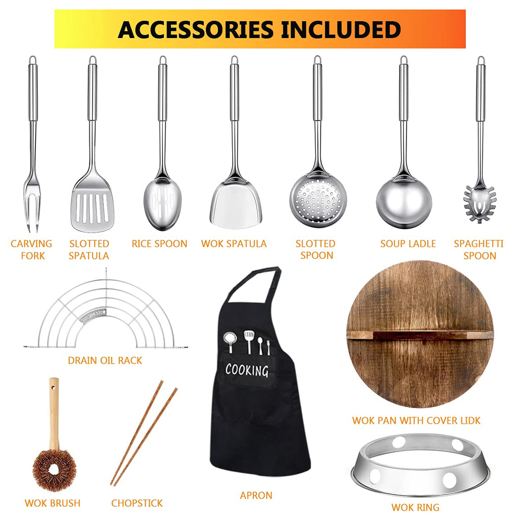 14 Piece Carbon Steel Wok Pan Set with Wooden Lid W283