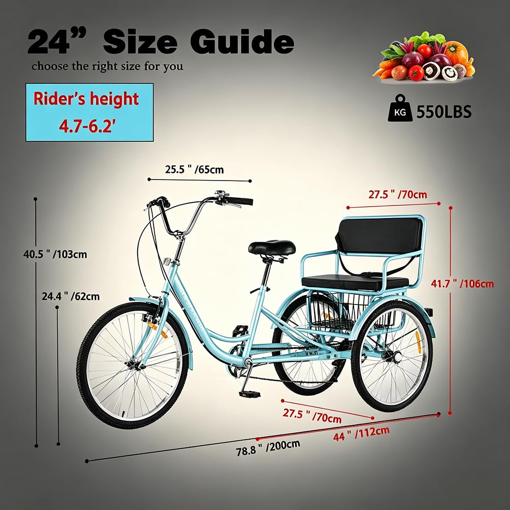 24" 7-Speed Heavy-Duty Steel Adult Tricycle with Rear Seat & Basket J546527