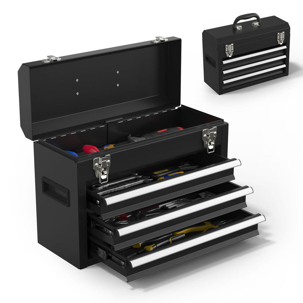 Black 3 Drawer Lockable Metal Tool Box D618309
