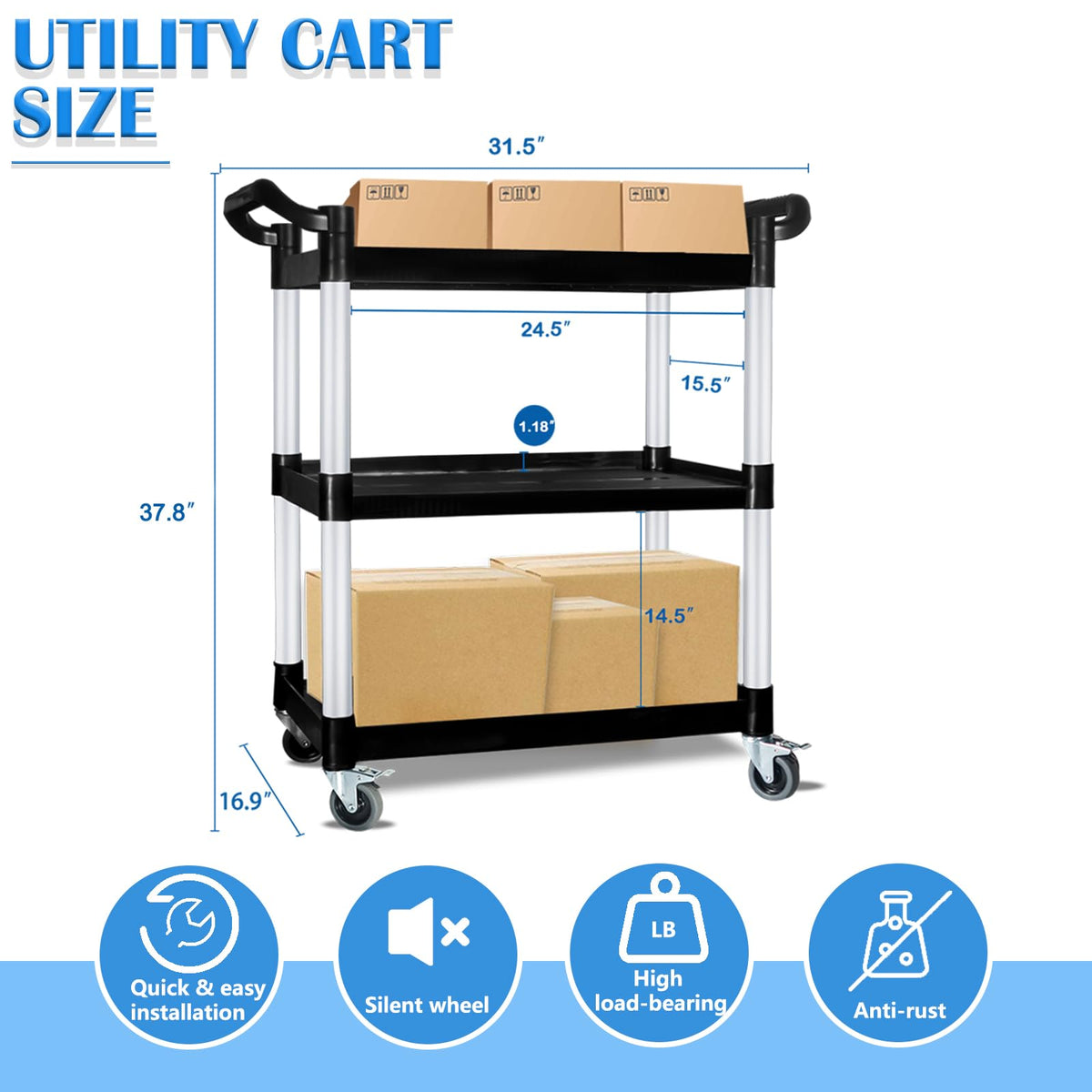 3 Tier Plastic Utility Cart with Wheels W2328
