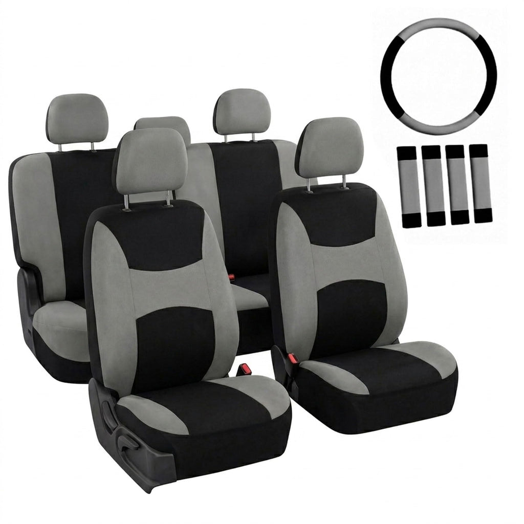 Gray Black Universal Fit Automotive Seat Covers Combo Set with Steering Wheel Cover and Seat Belt Pad K9338
