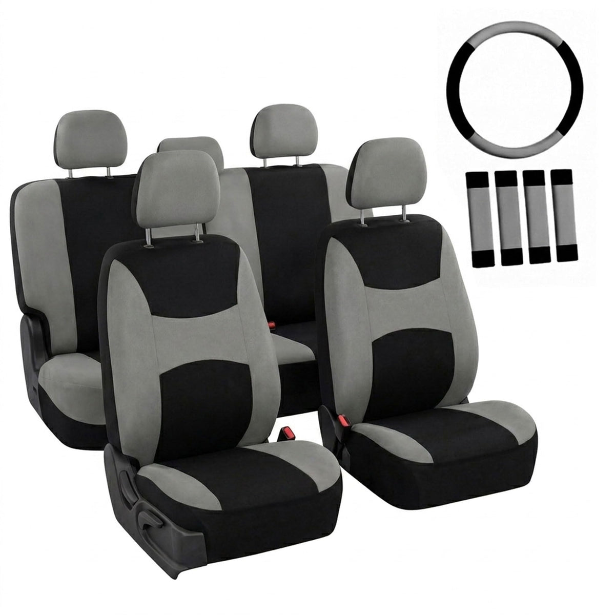 Gray Black Universal Fit Automotive Seat Covers Combo Set with Steering Wheel Cover and Seat Belt Pad K9338