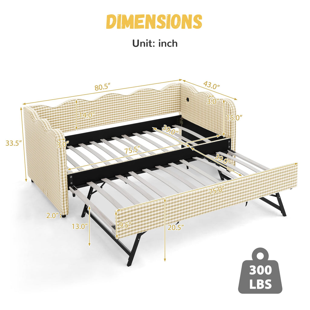 Twin Size Gingham Daybed with Trundle and USB Ports V352