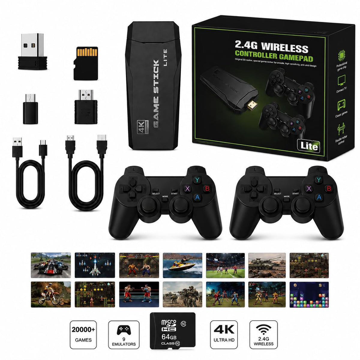 Wireless Retro Game Console Stick with 2.4G Controllers, 4K HDMI, 32G W275071