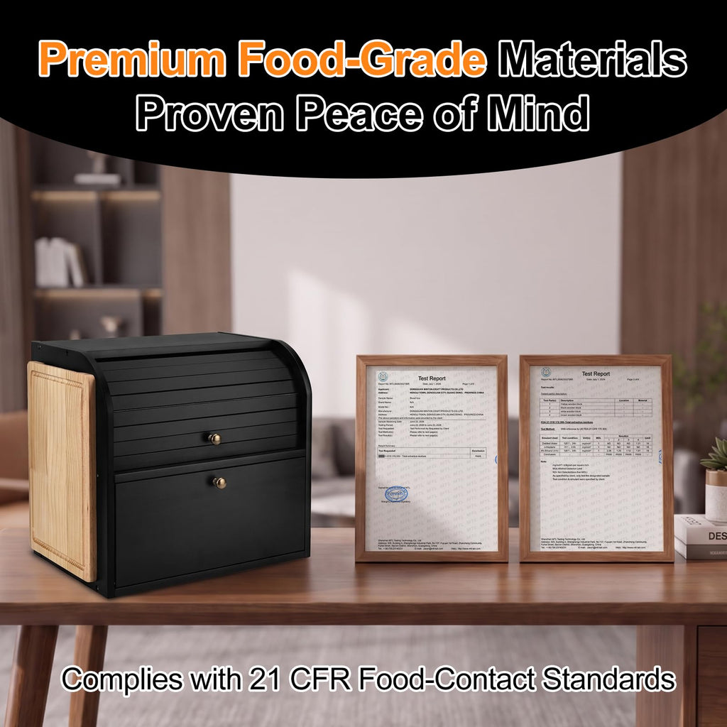 Black Roll Top Bread Box with Cutting Board Q687893