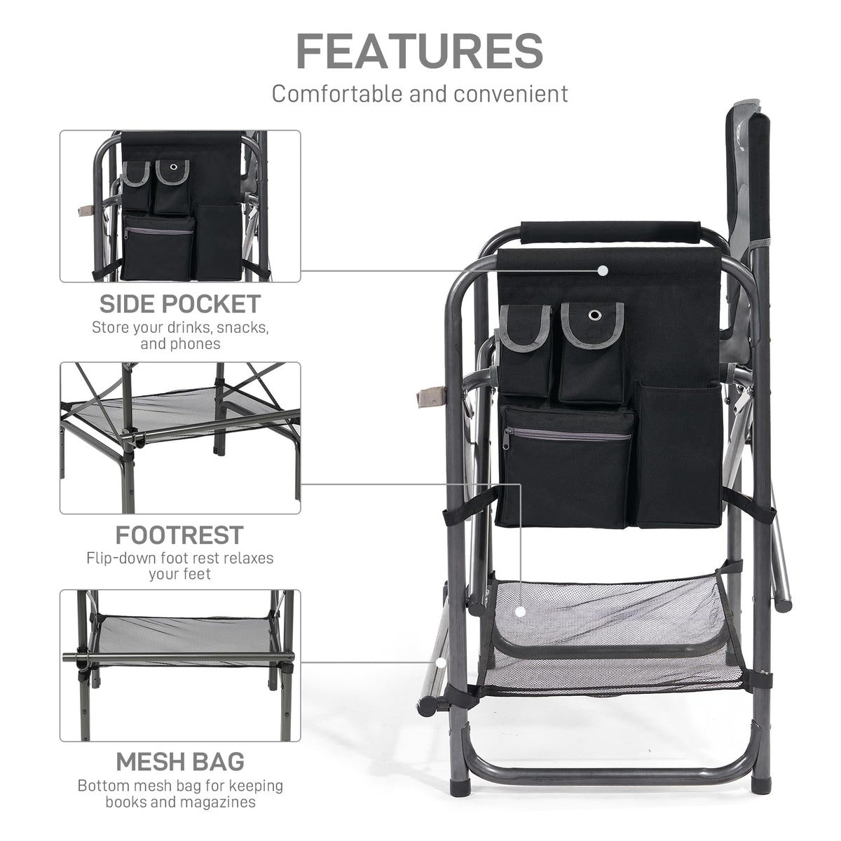 Medium Tall Directors Chair with Side Table Grey Q276396