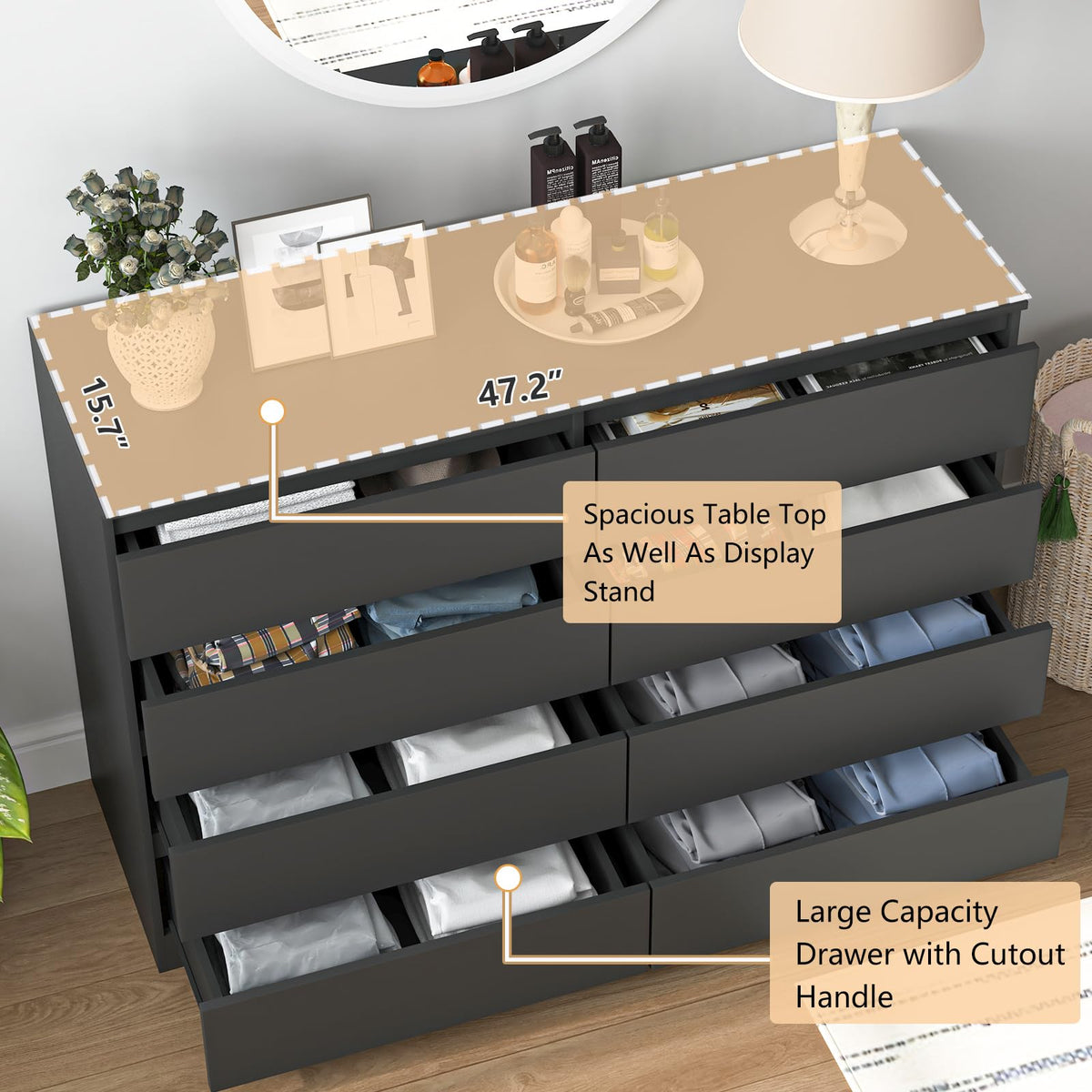 Black 8 Drawer Double Dresser T716034