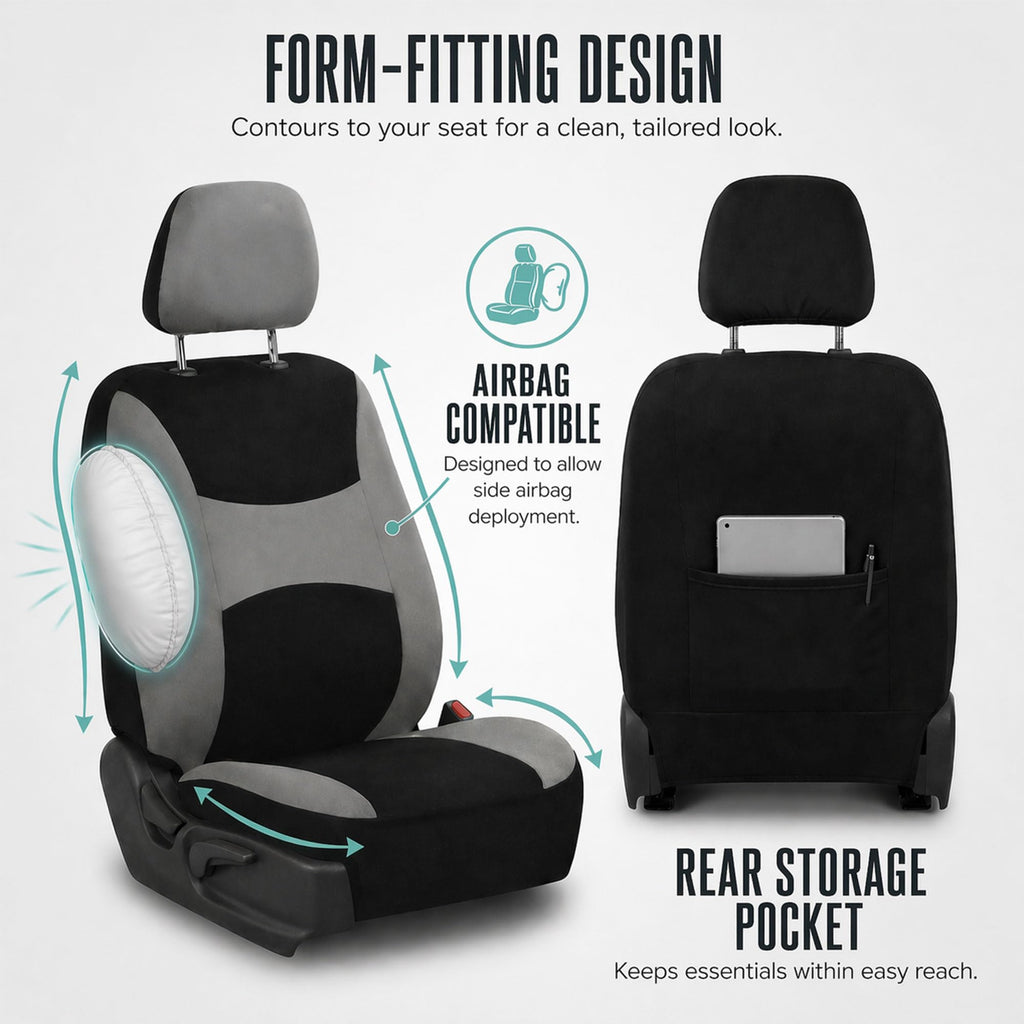 Gray Black Universal Fit Automotive Seat Covers Combo Set with Steering Wheel Cover and Seat Belt Pad K9338