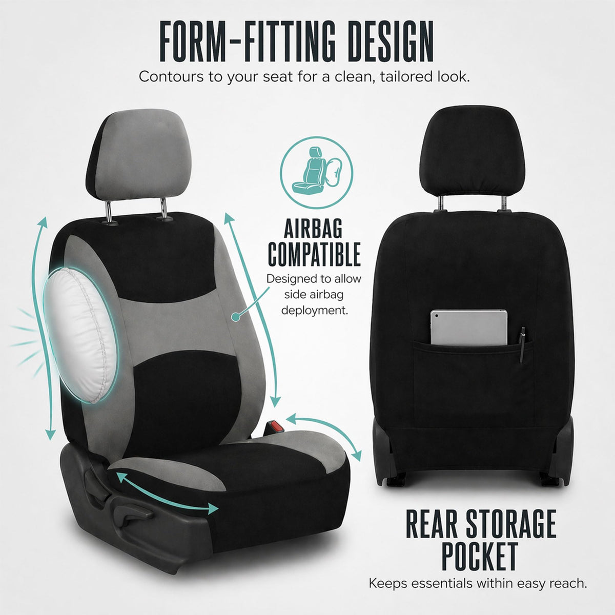 Gray Black Universal Fit Automotive Seat Covers Combo Set with Steering Wheel Cover and Seat Belt Pad K9338