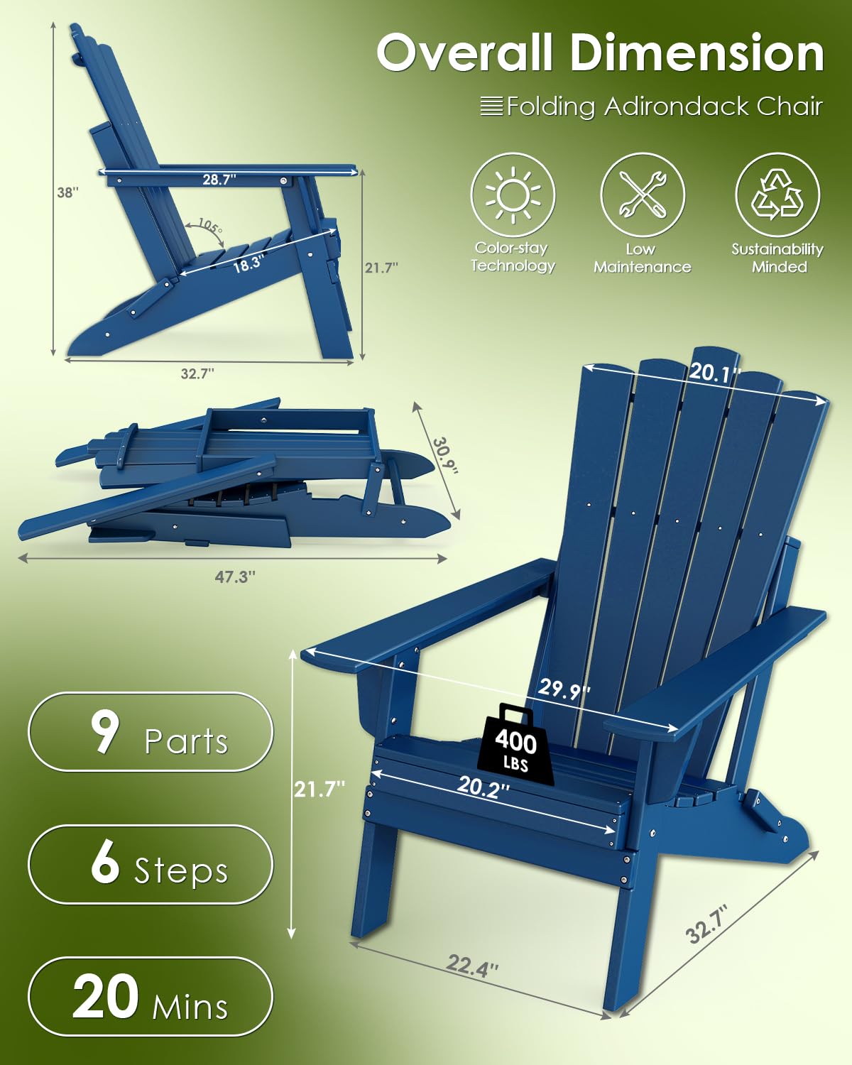 Blue Folding Adirondack Chairs Set of 2 V1826