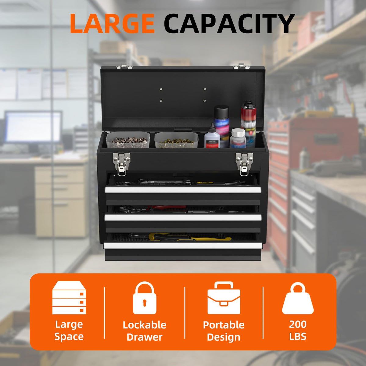 Black 3 Drawer Lockable Metal Tool Box D618309