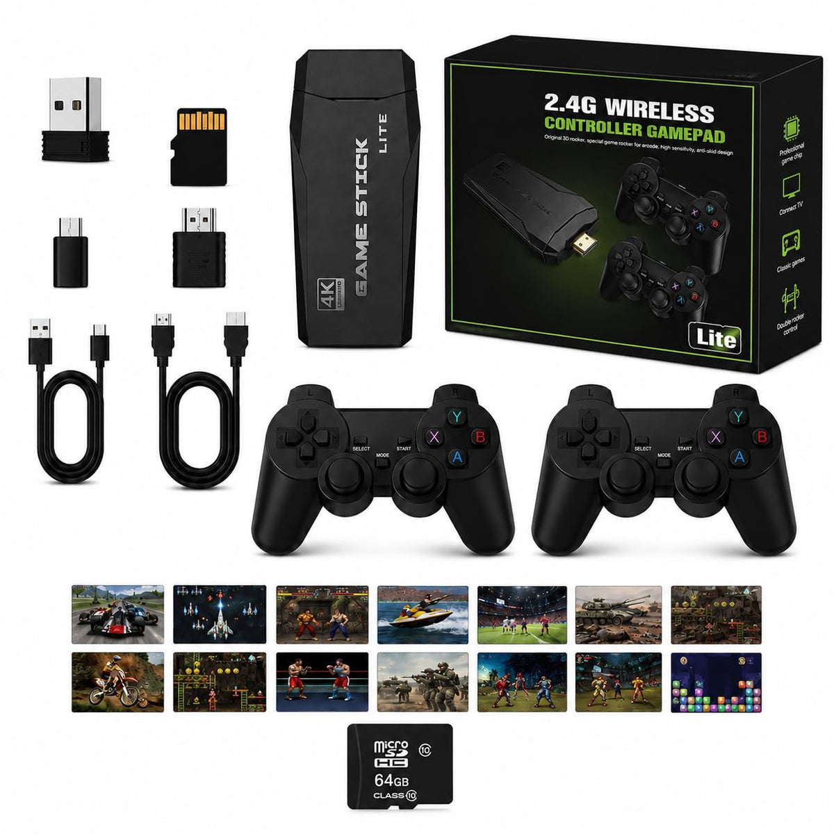 Wireless Retro Game Console Stick with 2.4G Controllers, 4K HDMI, 32G W275071