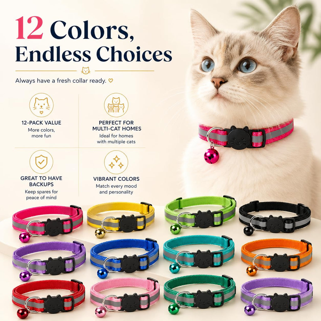 Reflective Breakaway Cat Collar with Bell 12-Pack J83508