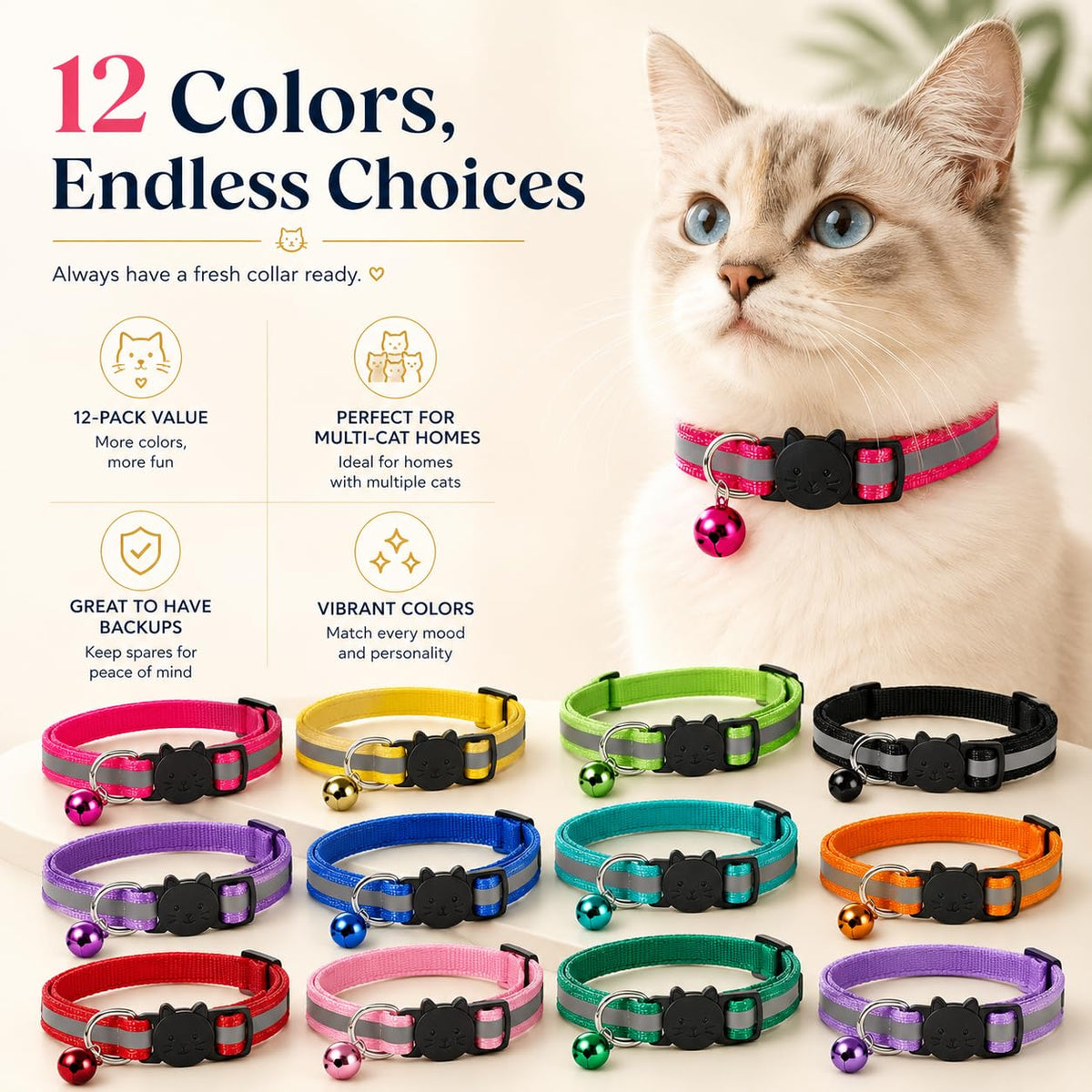 Reflective Breakaway Cat Collar with Bell 12-Pack J83508