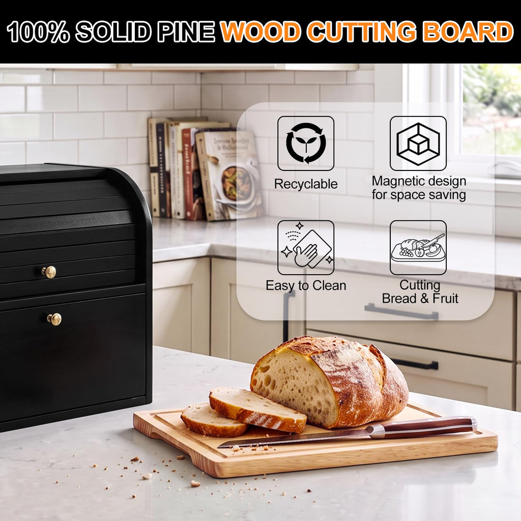 Black Roll Top Bread Box with Cutting Board Q687893