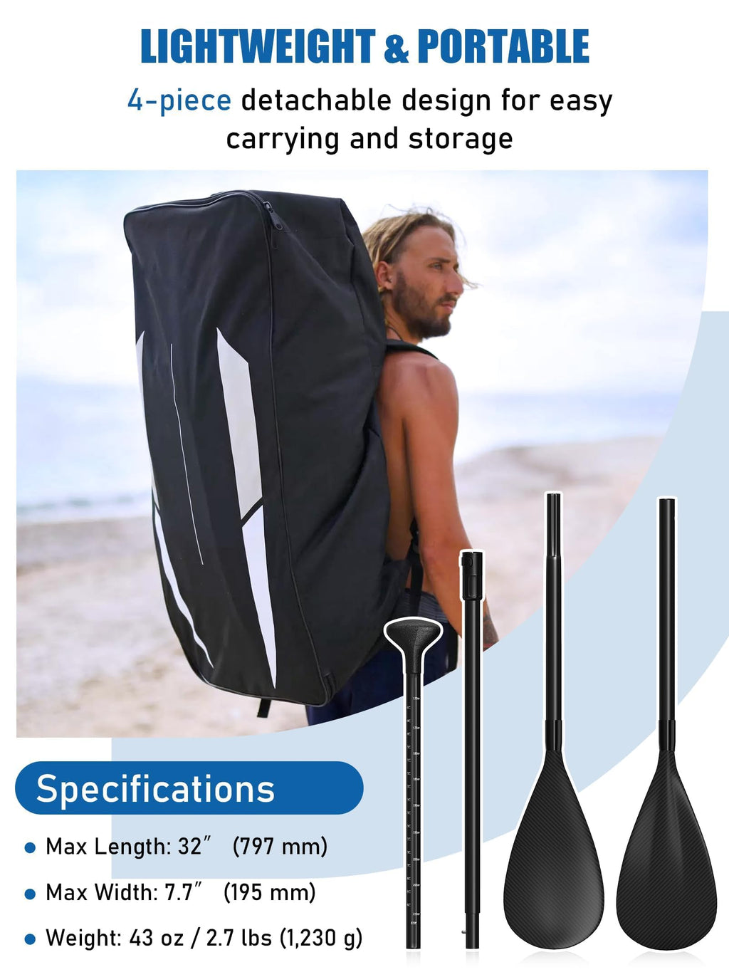 4 Piece Carbon Aluminium Adjustable SUP Paddle 67"-83" L39857