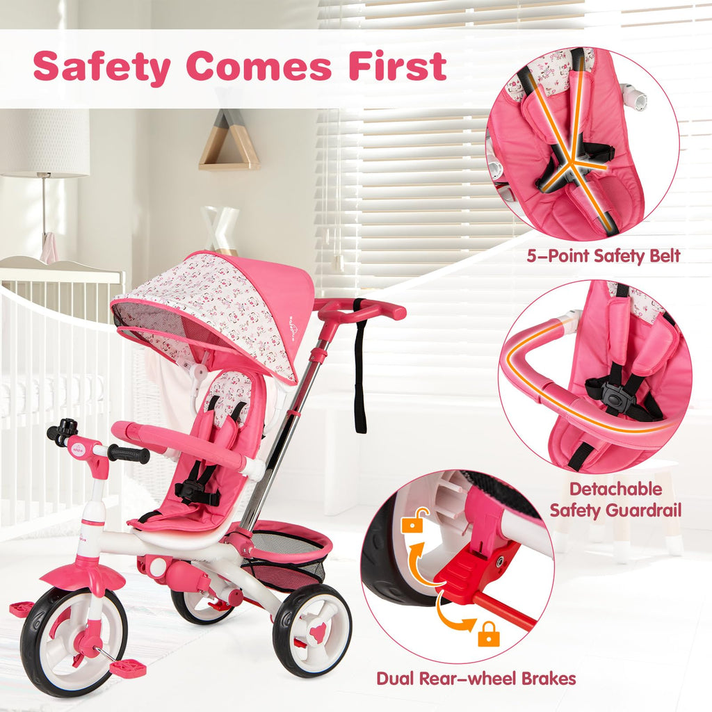 Pink 6 in 1 Toddler Tricycle with Parent Handle E9386