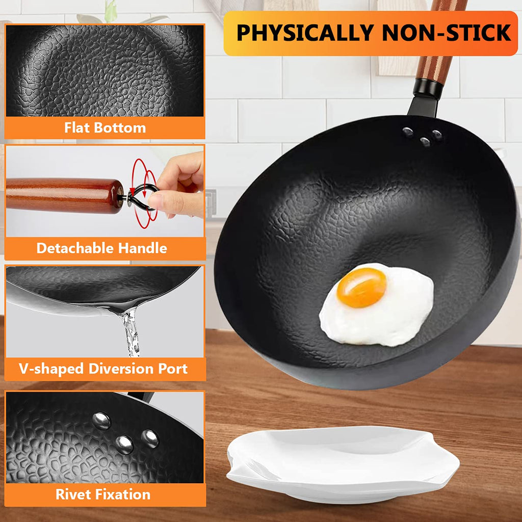 14 Piece Carbon Steel Wok Pan Set with Wooden Lid W283