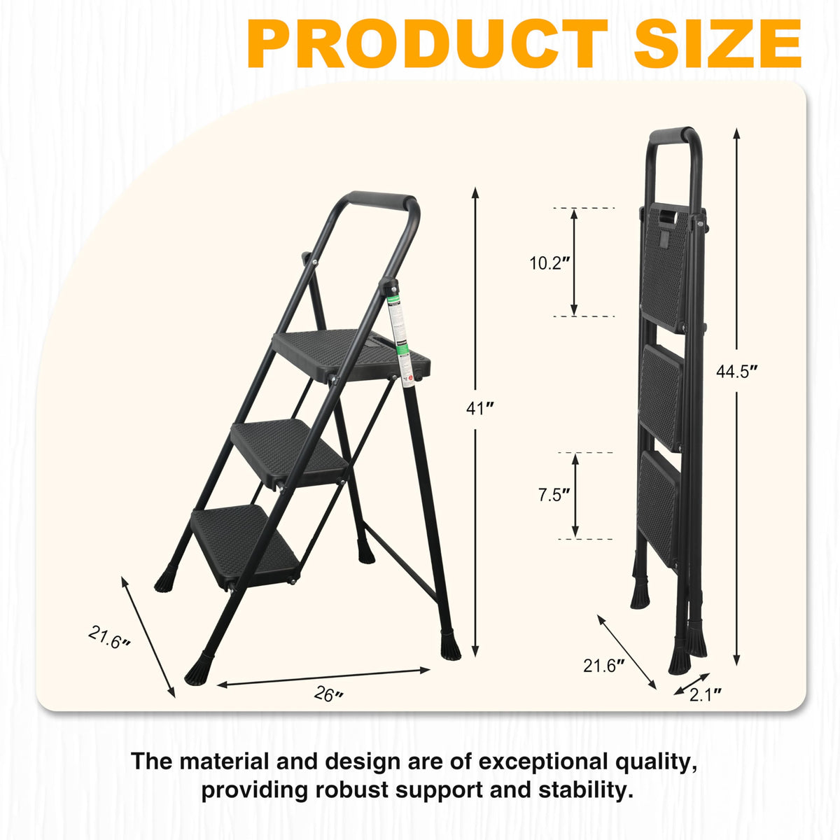 Portable Steel Folding Step Stool, 3-Step, Black R793295