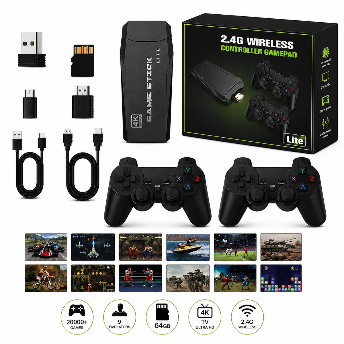 Wireless Retro Game Console Stick with 2.4G Controllers, 4K HDMI, 32G W275071