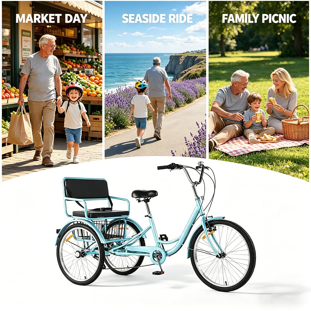 24" 7-Speed Heavy-Duty Steel Adult Tricycle with Rear Seat & Basket J546527
