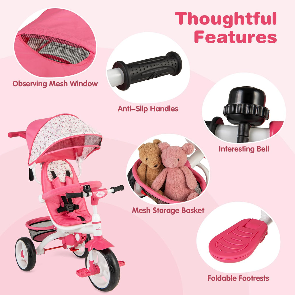 Pink 6 in 1 Toddler Tricycle with Parent Handle E9386