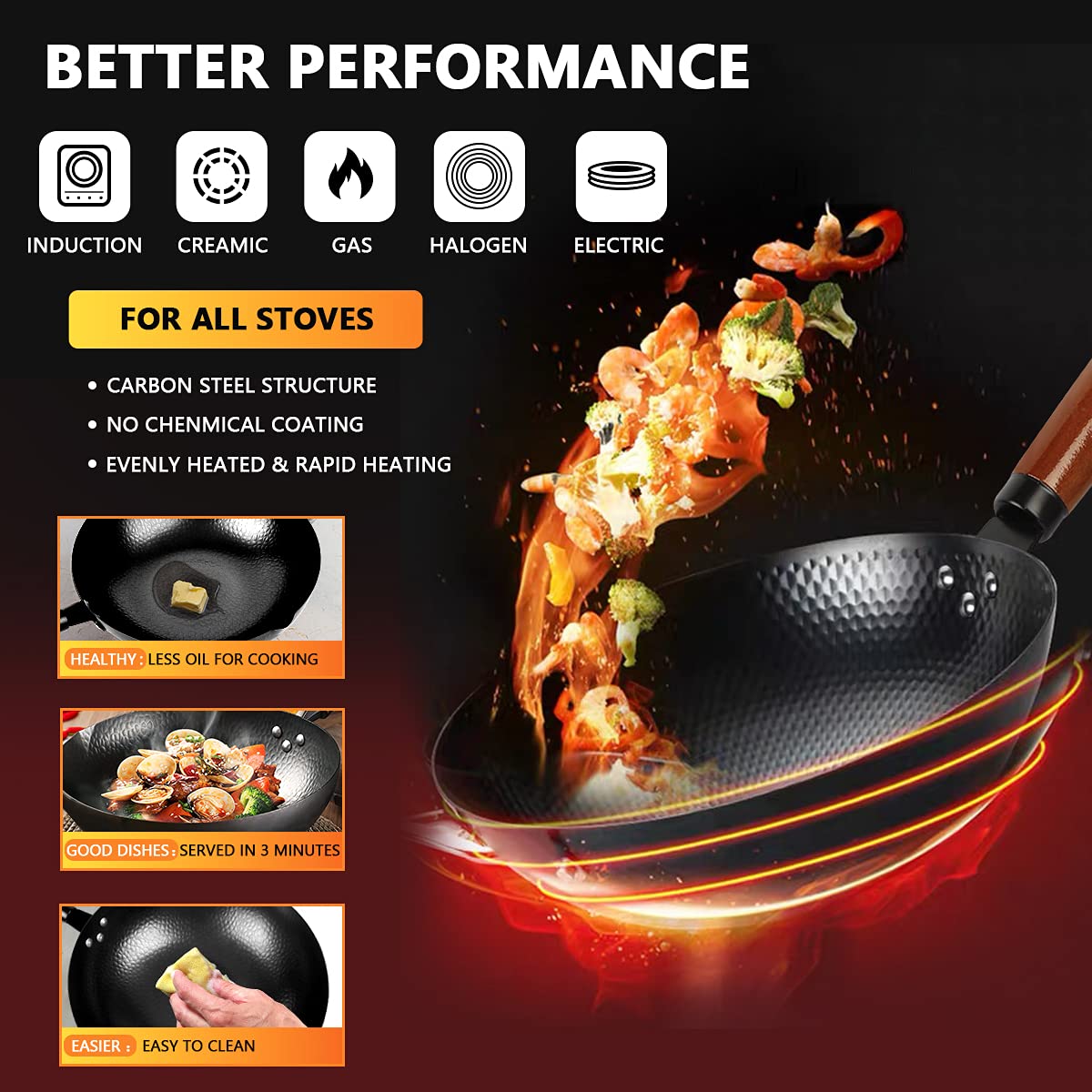14 Piece Carbon Steel Wok Pan Set with Wooden Lid W283