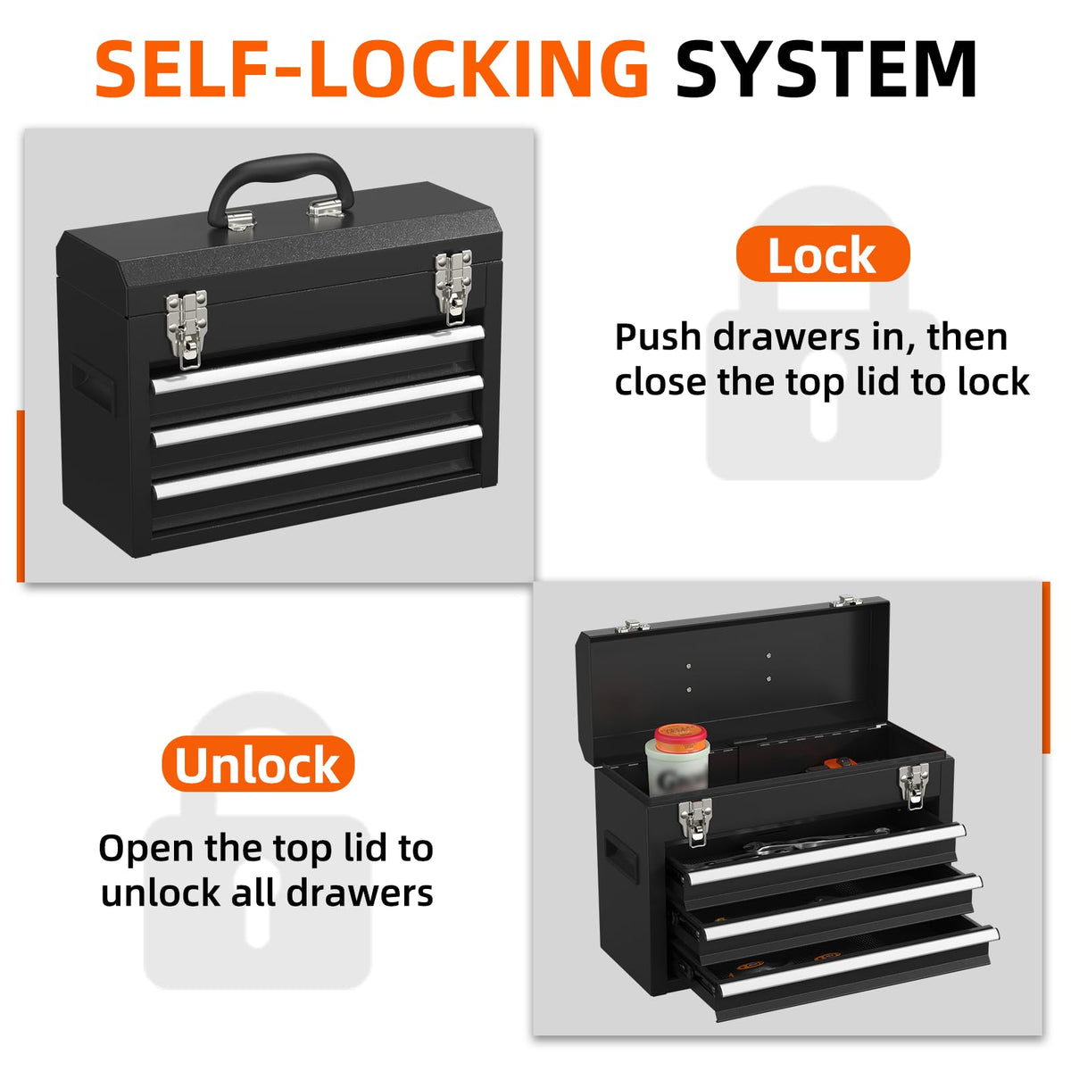 Black 3 Drawer Lockable Metal Tool Box D618309