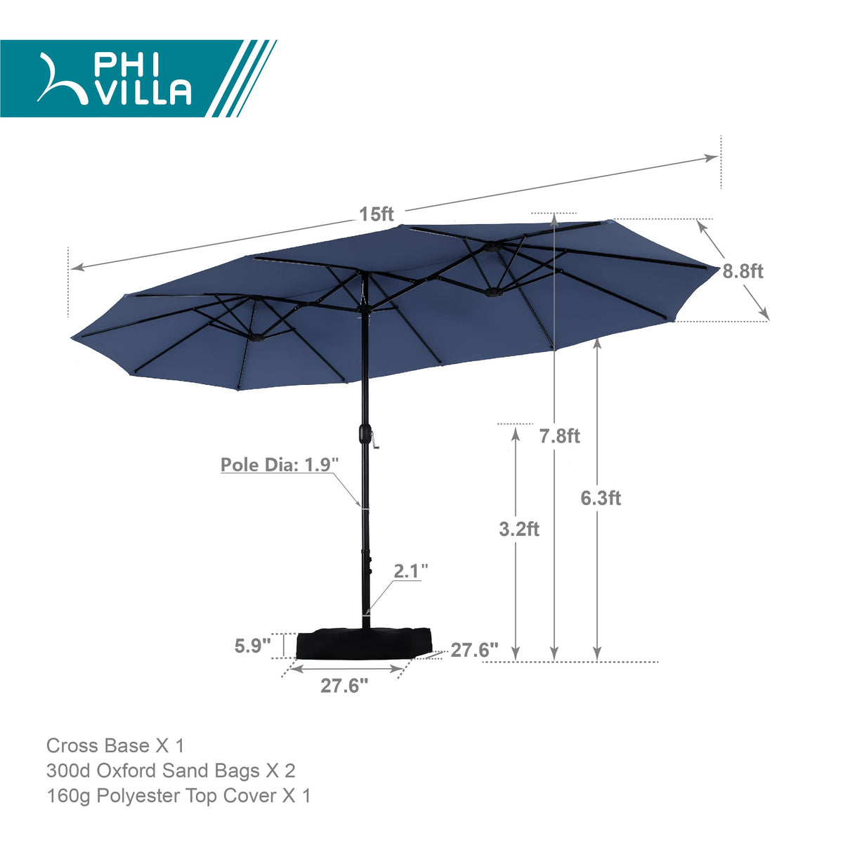 15FT Double-Sided Patio Umbrella with Base X4735