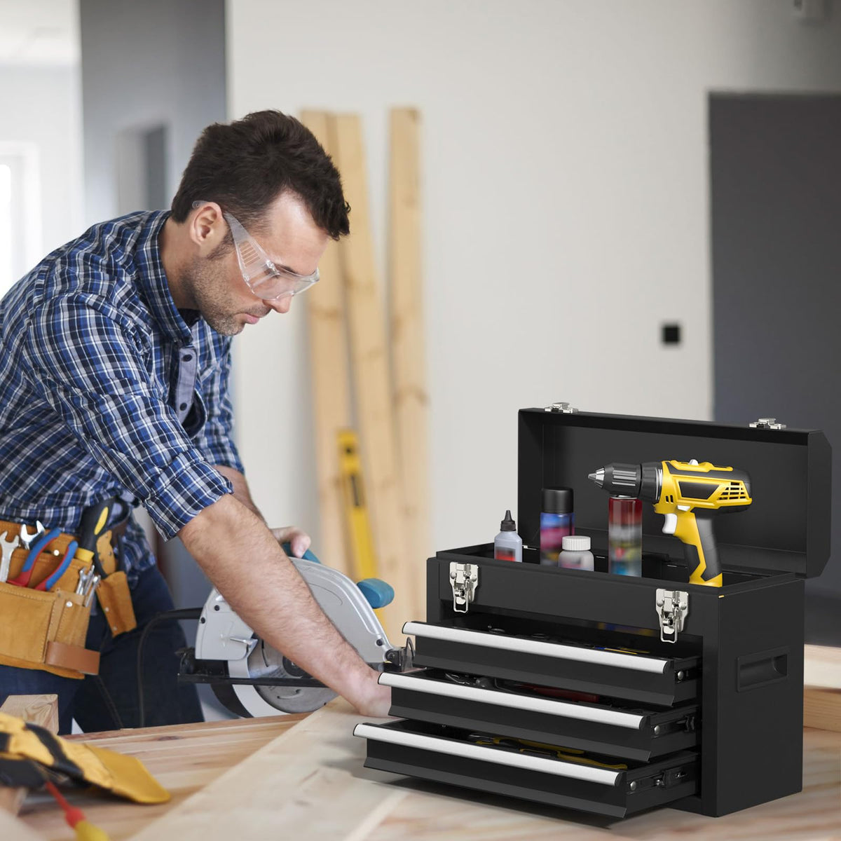 Black 3 Drawer Lockable Metal Tool Box D618309