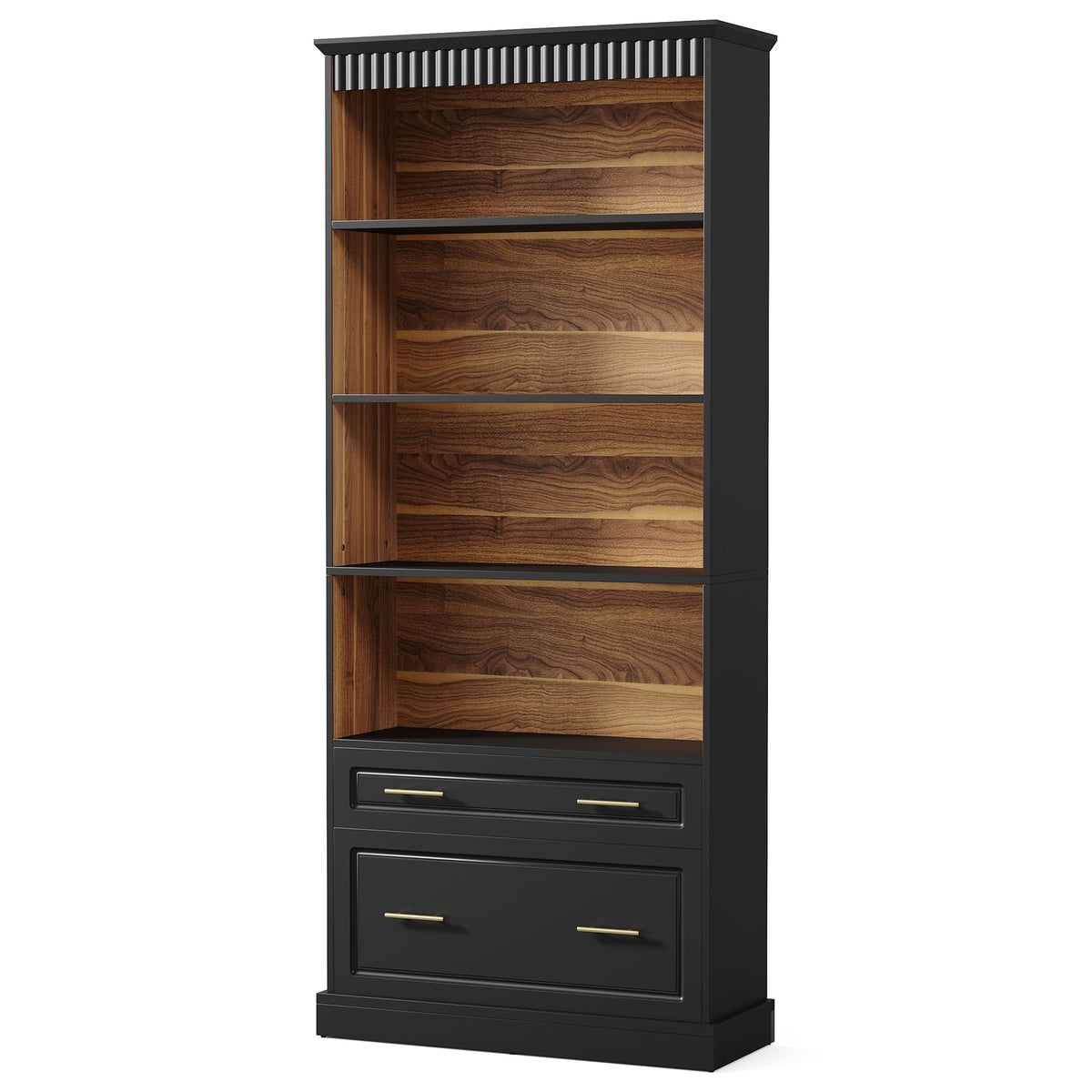 72" Tall Black 5-Tier Bookcase with 2 Drawers R5497