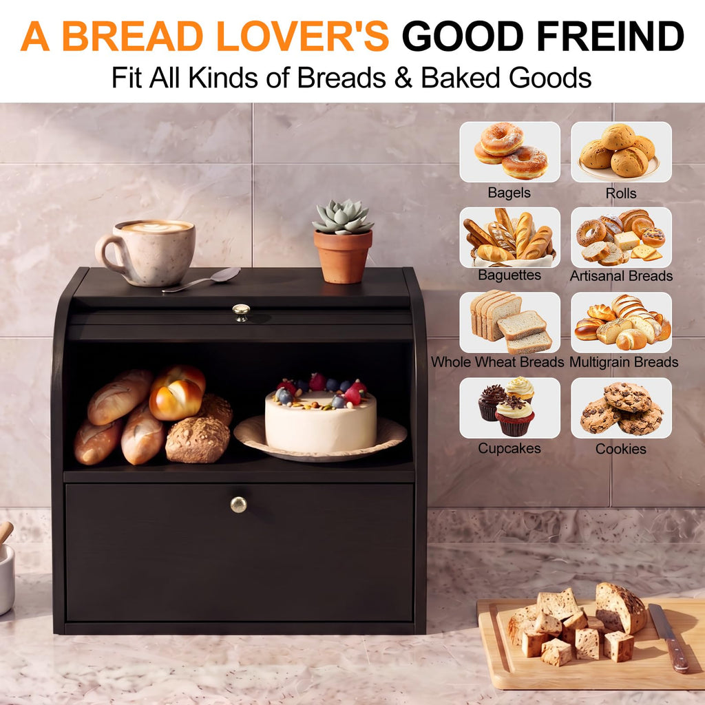 Black Roll Top Bread Box with Cutting Board Q687893