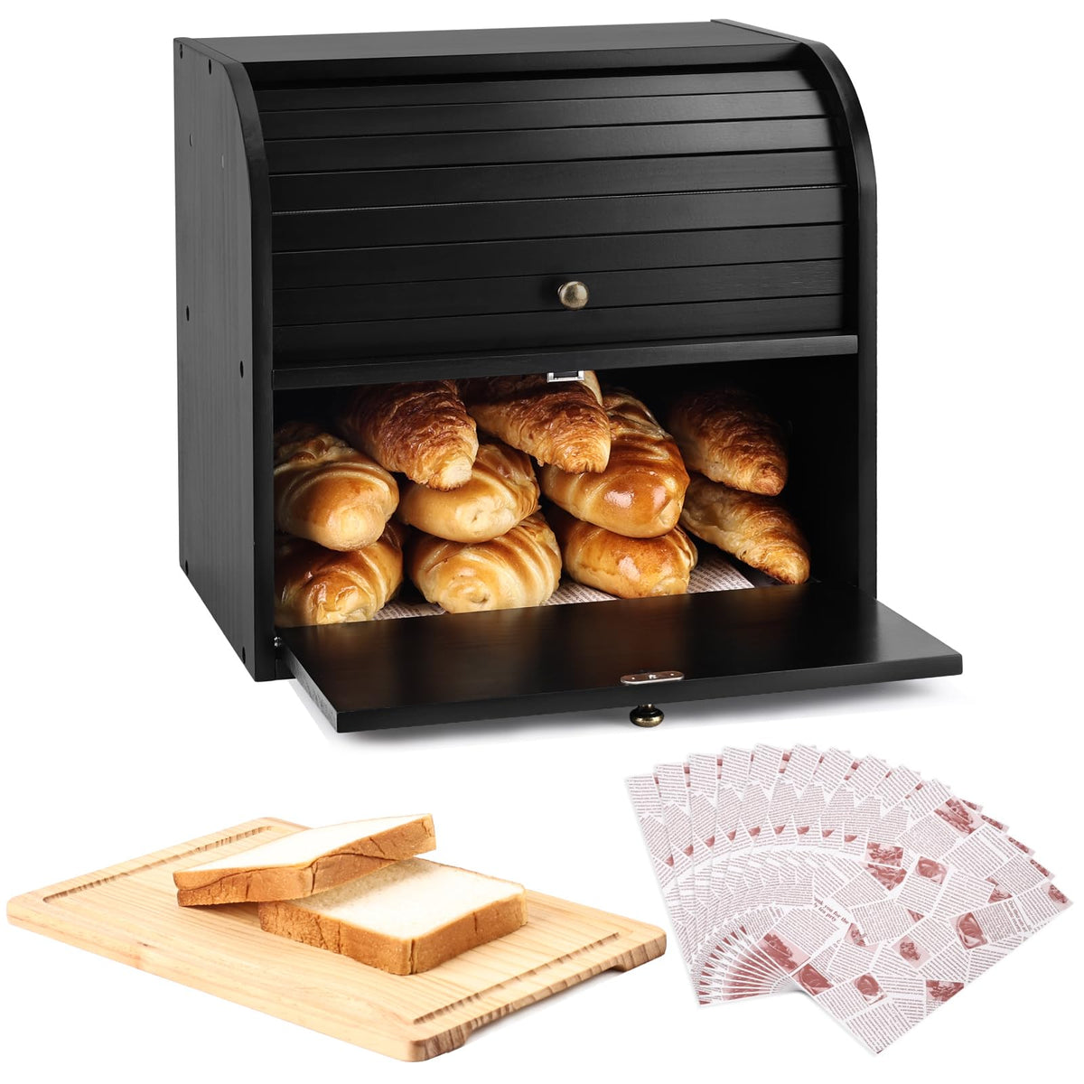 Black Roll Top Bread Box with Cutting Board Q687893