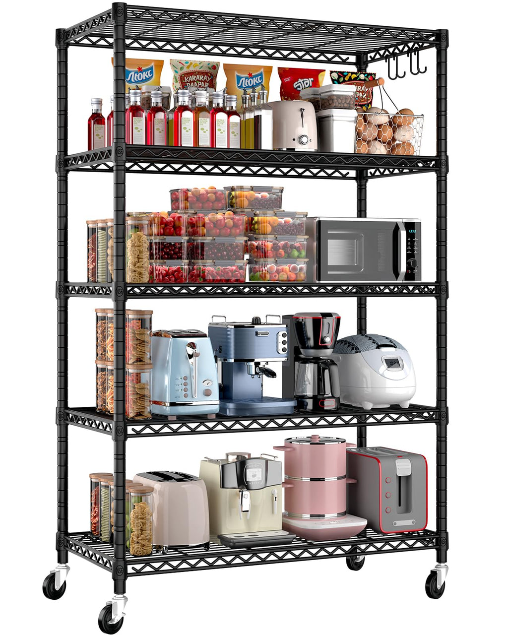 36"W x 16"D x 79"H 5-tier Metal Wire Shelving with Wheels A4631