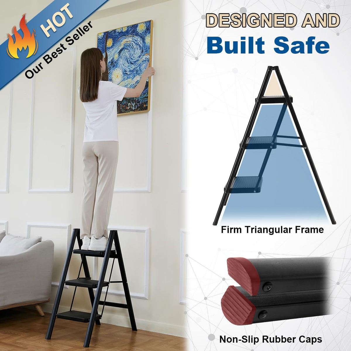 Black 3 Step Steel Folding Ladder F85556
