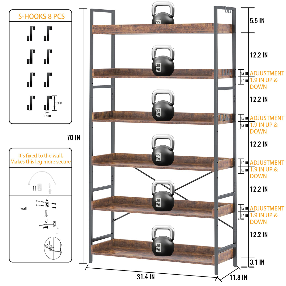 Adjustable 6-Tier Wood and Black Metal Bookshelf Q794433