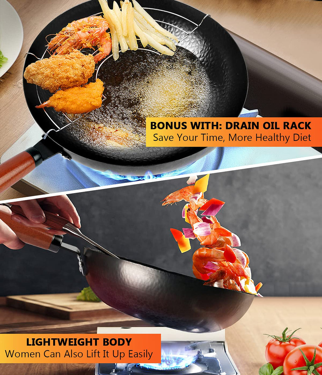 14 Piece Carbon Steel Wok Pan Set with Wooden Lid W283