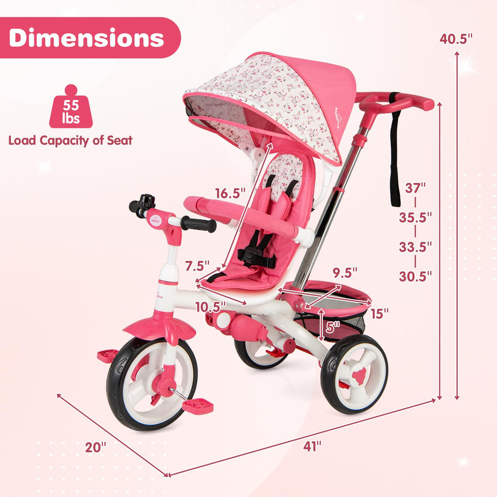 Pink 6 in 1 Toddler Tricycle with Parent Handle E9386