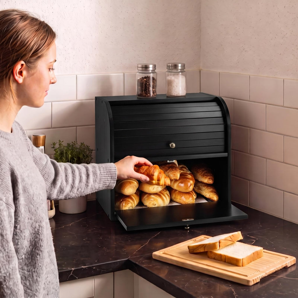 Black Roll Top Bread Box with Cutting Board Q687893