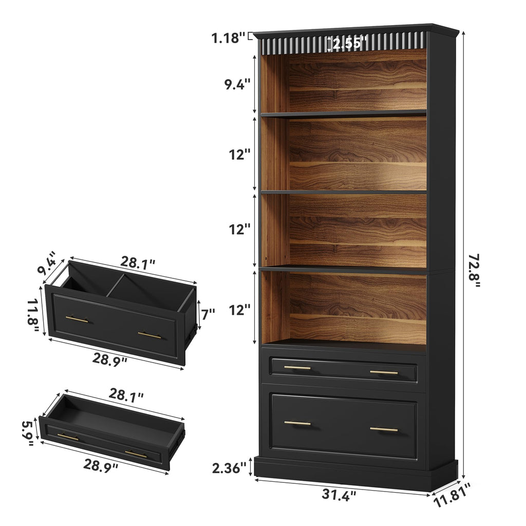 72" Tall Black 5-Tier Bookcase with 2 Drawers R5497