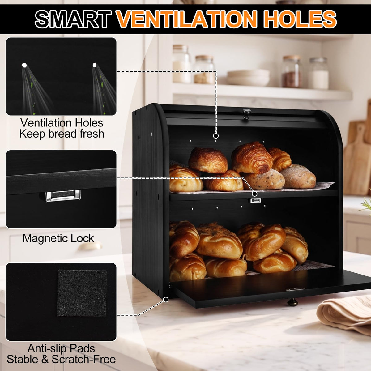 Black Roll Top Bread Box with Cutting Board Q687893