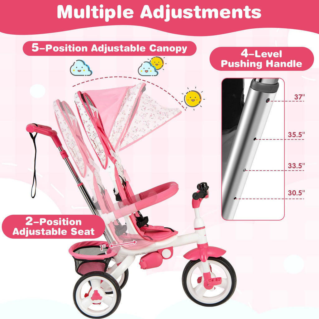 Pink 6 in 1 Toddler Tricycle with Parent Handle E9386