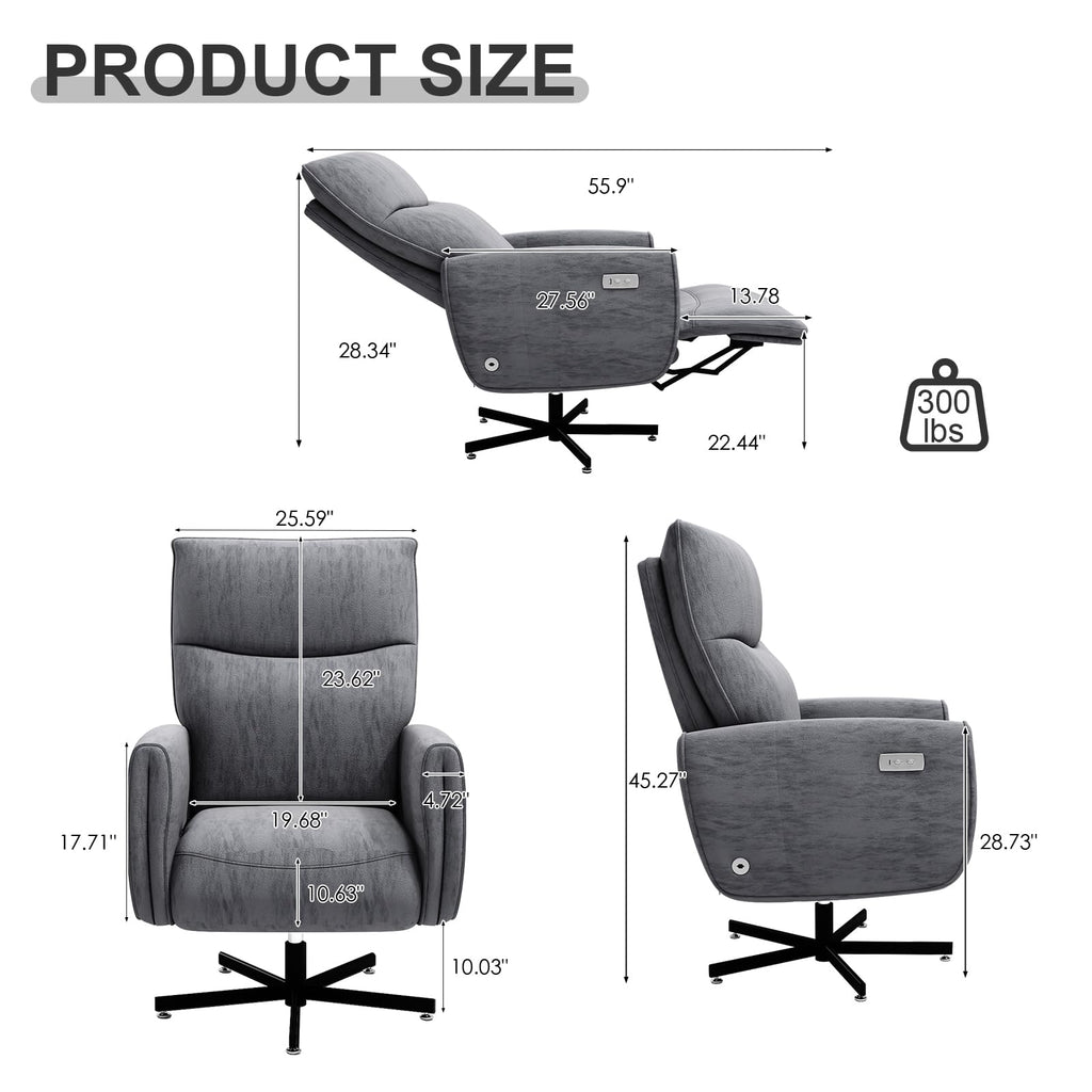 Grey Velvet Swivel Rocker Recliner Chair with USB & Type-C Charging K102