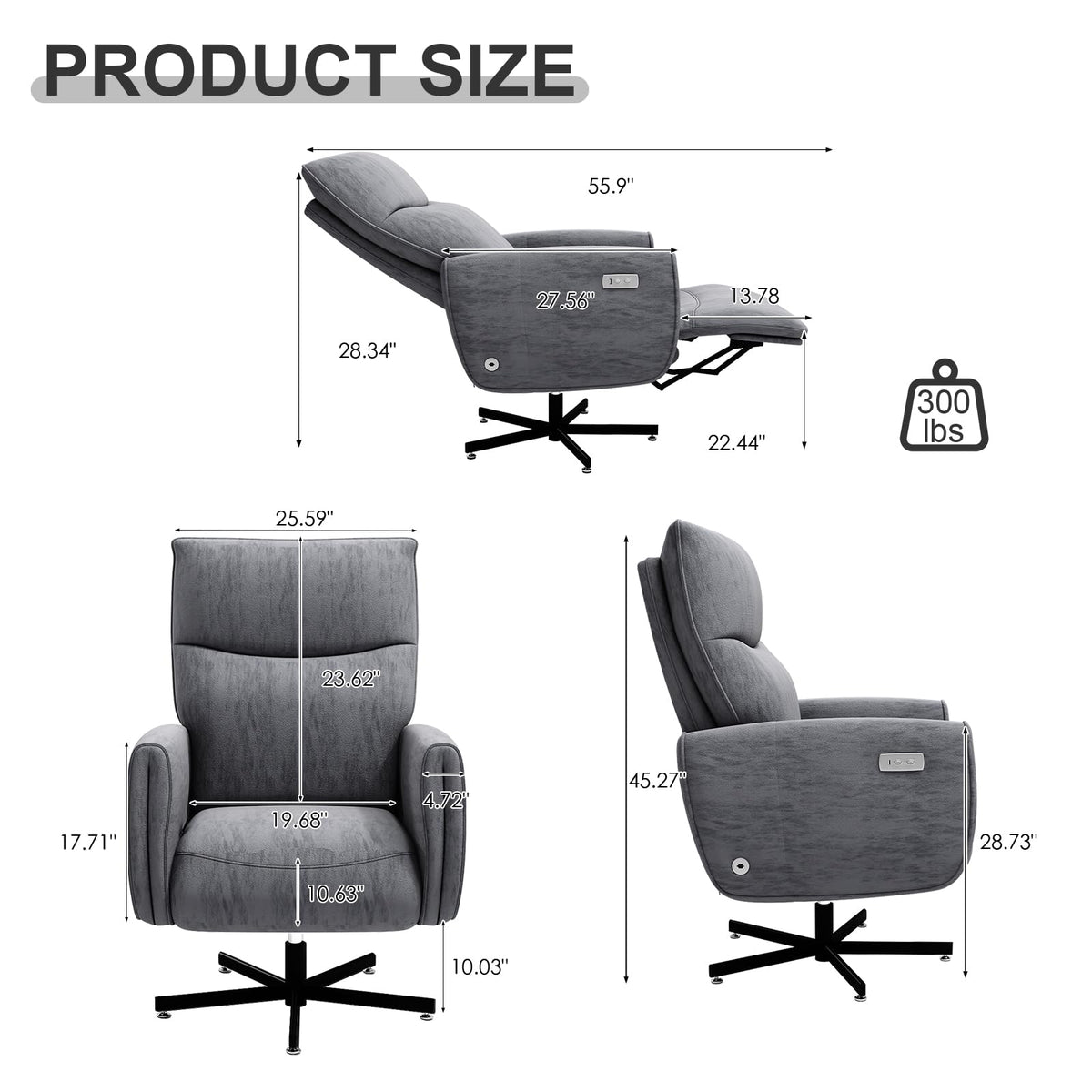 Grey Velvet Swivel Rocker Recliner Chair with USB & Type-C Charging K102
