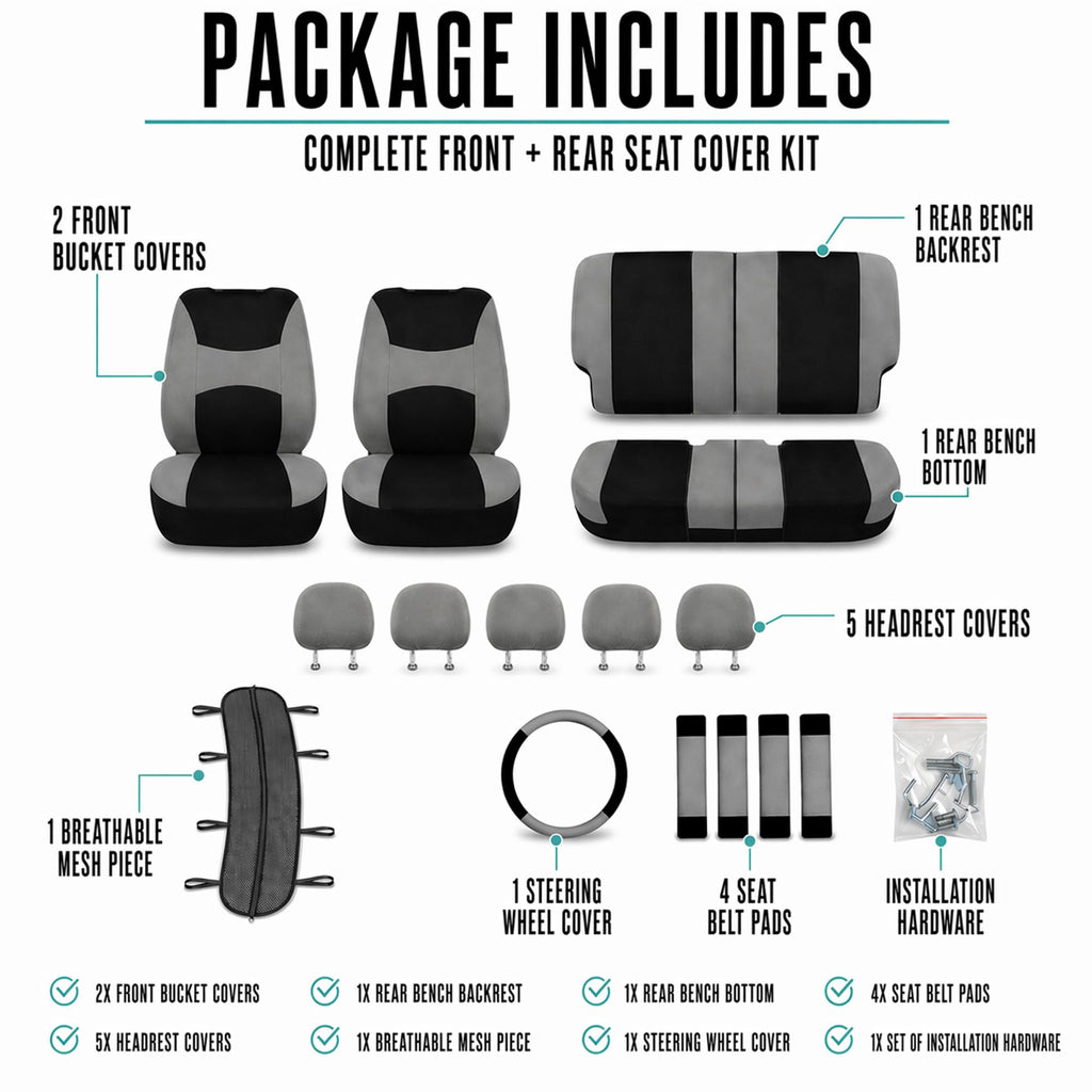 Gray Black Universal Fit Automotive Seat Covers Combo Set with Steering Wheel Cover and Seat Belt Pad K9338